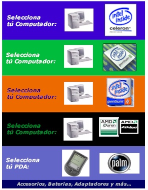 Computadoras, Intel, Celeron, Pentium III, Pentium 4, AMD, Duron, Athlon Xp, PDA's, 1.0Ghz hasta 3.06Ghz.